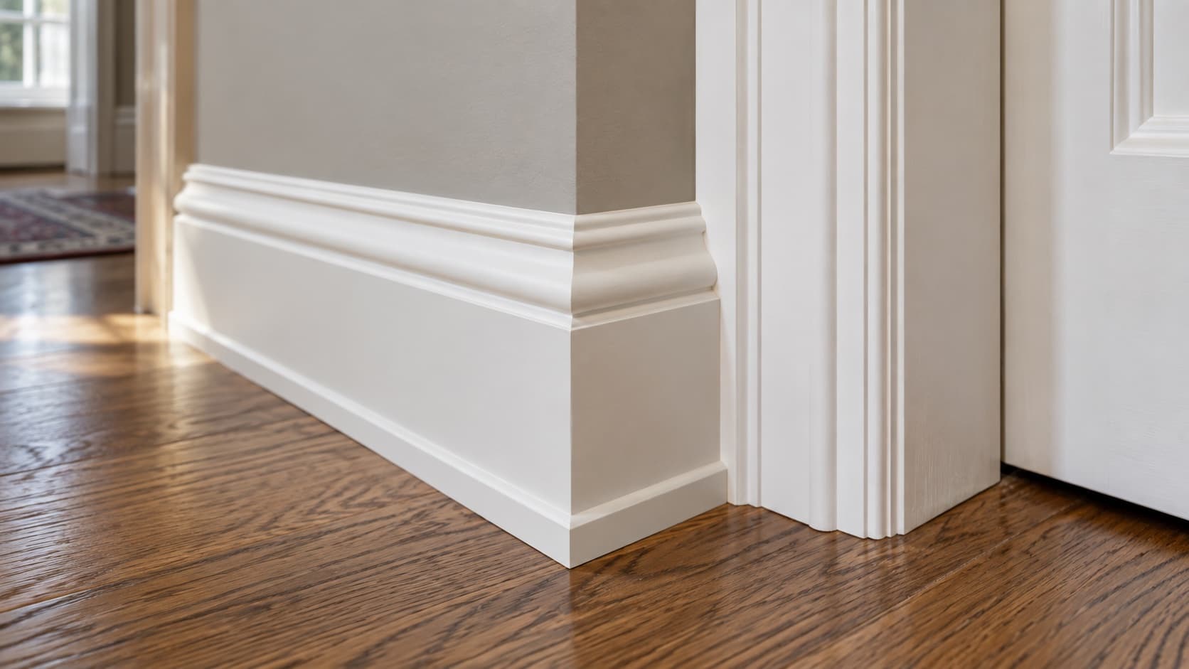 Close view of substantial baseboard and door casing meeting in tight fitted joints above an oak floor