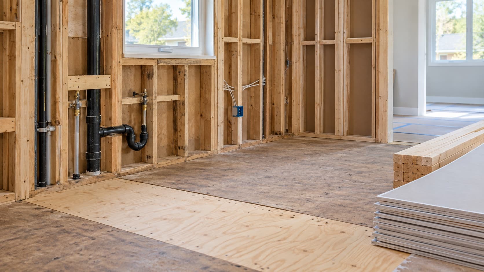 Gutted kitchen detail with exposed wall framing, organized service lines, repaired subfloor, and staged lumber