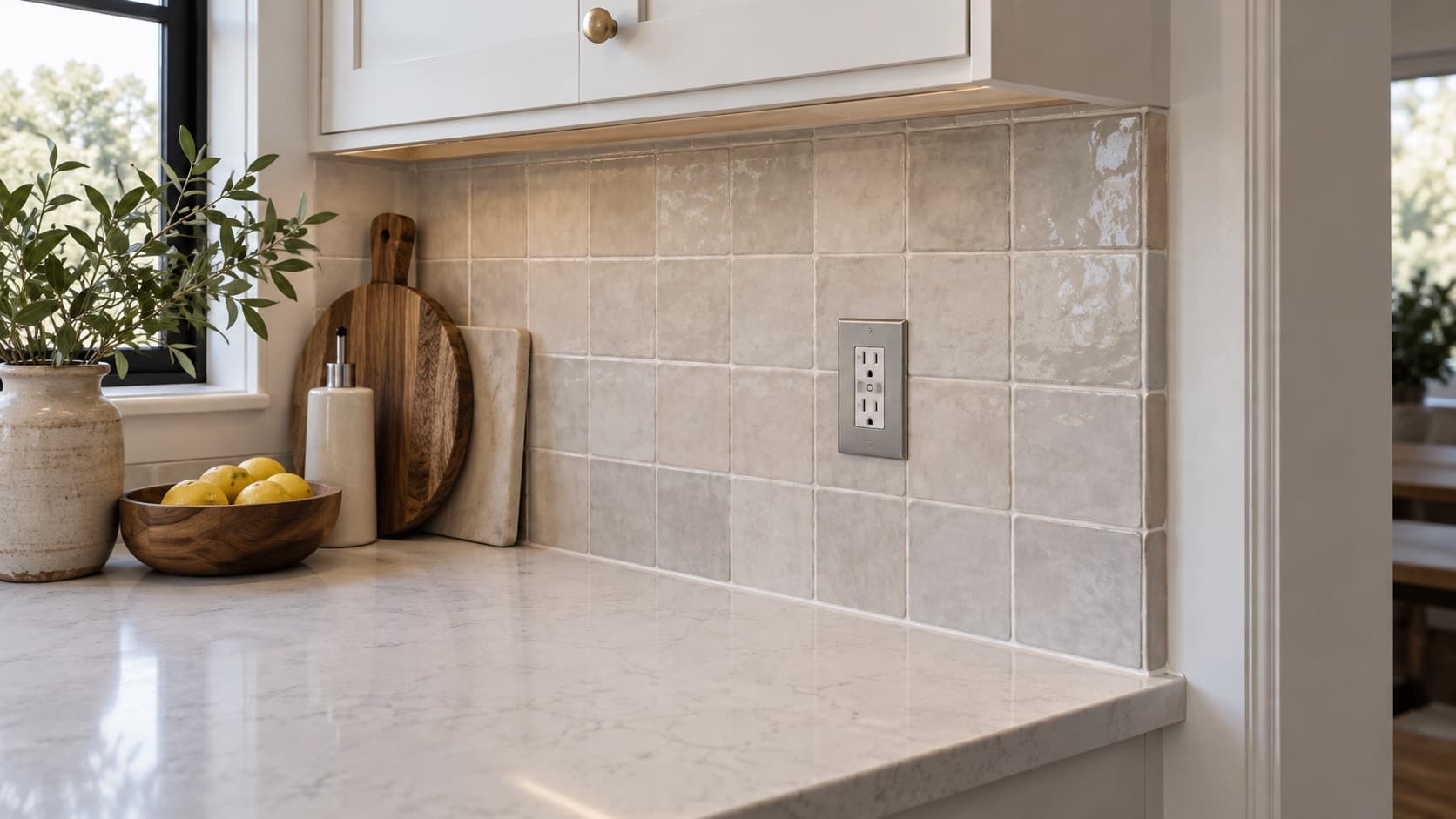 Handmade ceramic backsplash tile ending cleanly below an upper cabinet beside a centered outlet and quartz counter