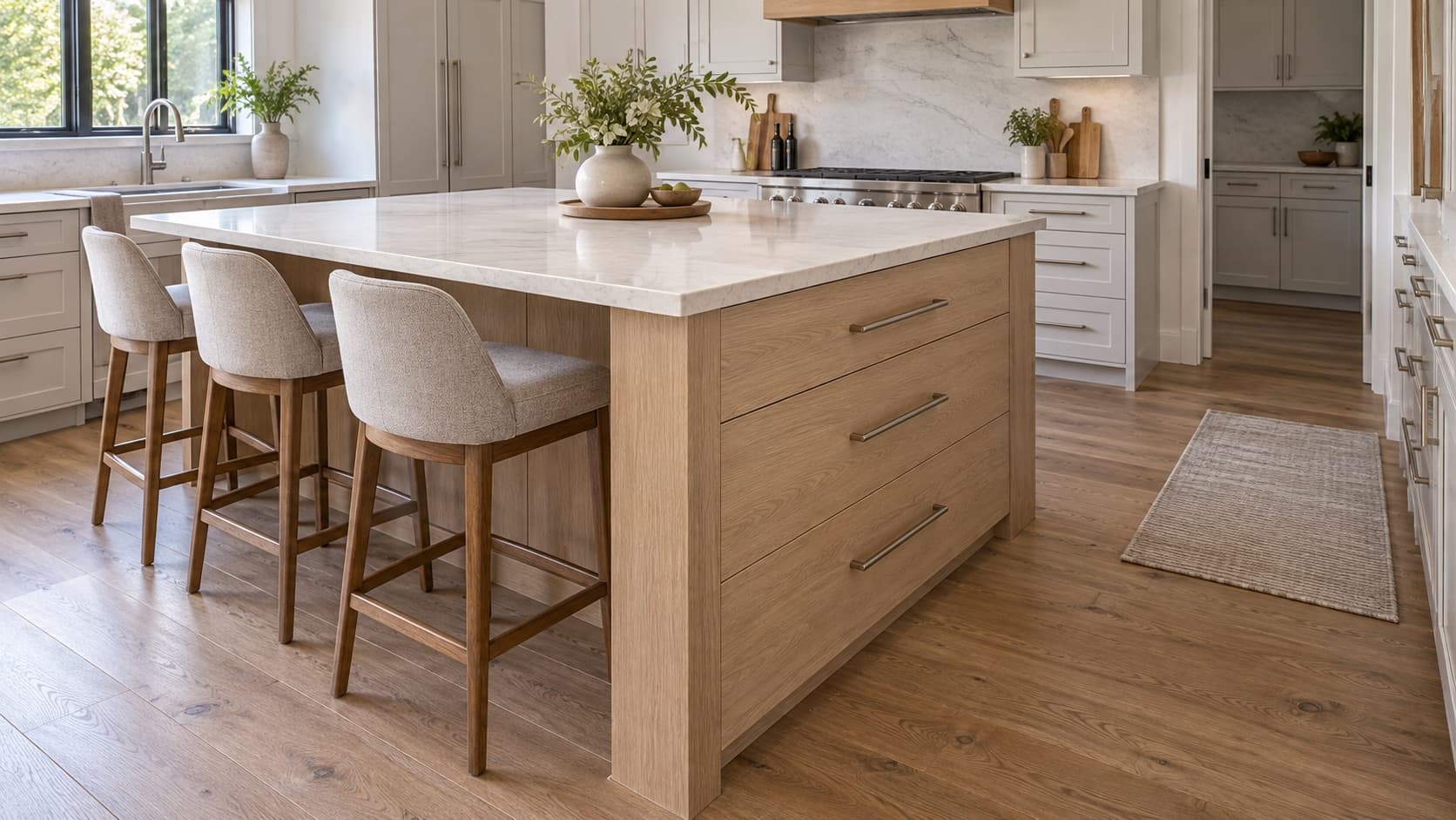 White oak kitchen island with seating, deep drawer storage, pale quartz counter, and a clear walkway
