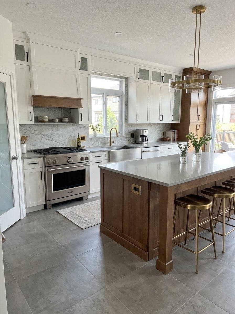 White shaker kitchen with a walnut island, quartz counters, stainless gas range, marble backsplash, and a brass pendant light